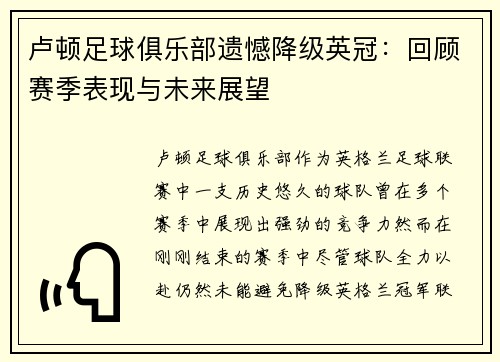 卢顿足球俱乐部遗憾降级英冠：回顾赛季表现与未来展望